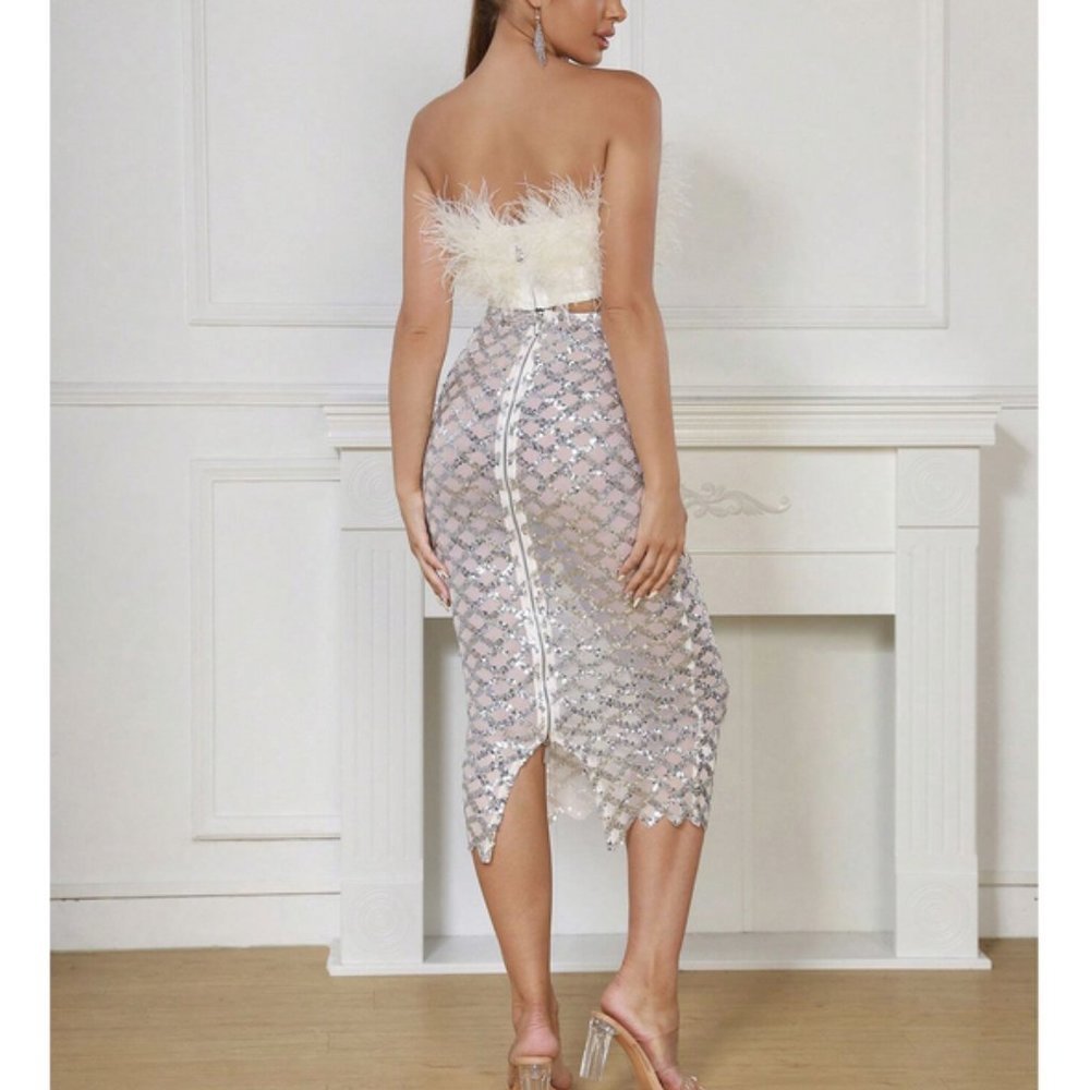 Cream fuzzy Feather Trim Crop Tube Top & Sexy silver Sequin sheer Pencil Skirt - Picture 4 of 10